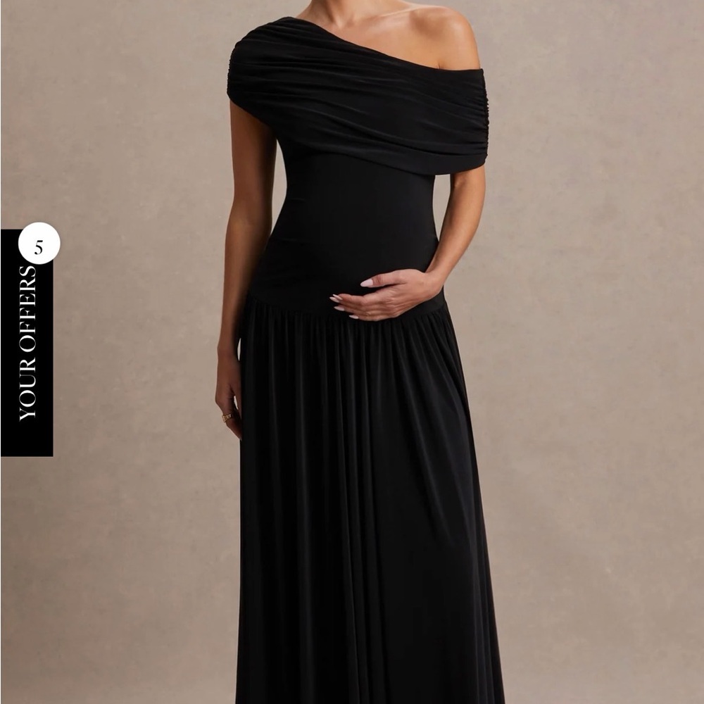 Noah, Black Asymmetric-Neck Maternity Maxi Dress With Drop-Waist